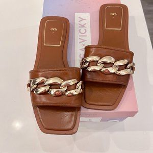 Zara Brown Sandals with Gold Chain